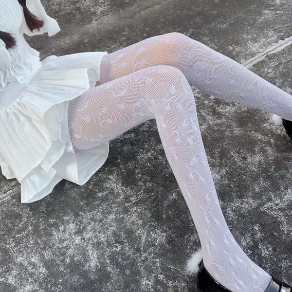 Calcetines de mujer Llegan Pantimedias con estampado de cerezas Chica Dulce y sexy Lolita JK Hermana Uniforme Colocación Tallas grandes Medias de rejilla Blanco Negro