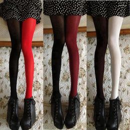 Femmes chaussettes asymétrie collants extensibles bas collants de mode patchwork pieds élastiques deux couleurs solide sexy bas dame filles