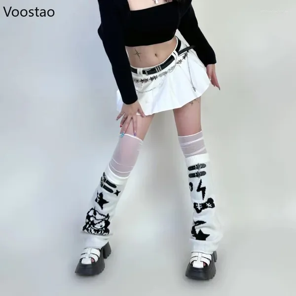 Chaussettes pour femmes automne Grunge Punk fille Goth Lolita jambières étoile Patchwork Y2k Harajuku gothique couvre-pieds sangle en PU chaussette longue Chic Streetwear