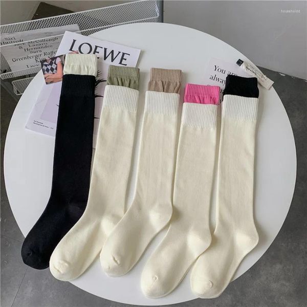 Chaussettes thermiques pour femmes et filles, bas longs, 2024 coton, tricot, couleur contrastée chaude, Leggings, Lingerie, automne et printemps