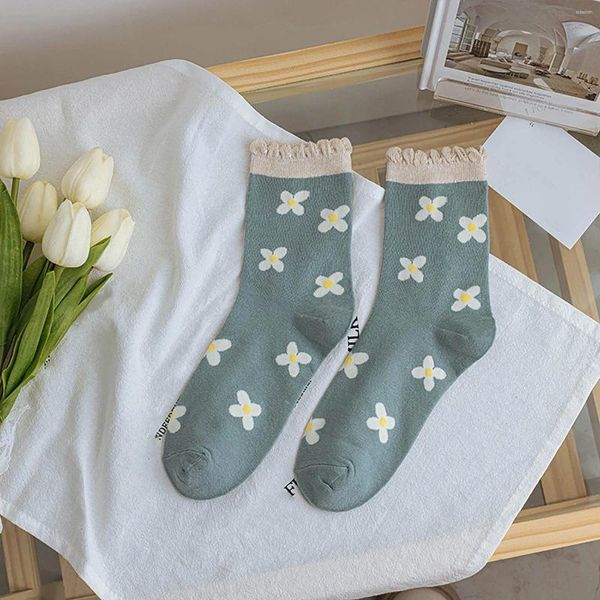 Femmes chaussettes automne hiver décontracté fleur dessin animé imprimé mi-tube rétro volants bas style japonais tendance pur coton tout match chaussette