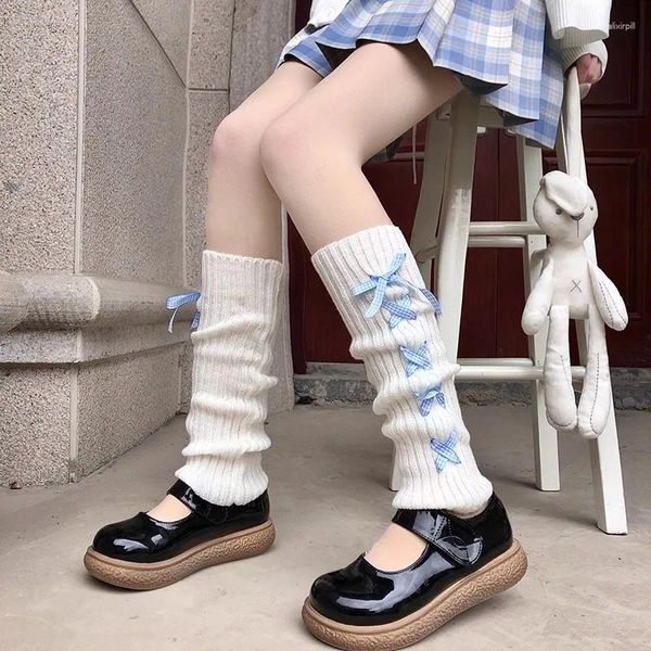 Chaussettes pour femmes automne hiver doux Cool Simple dentelle nœud jambière ruban chaud tricoté Lolita papillon longue Crochet botte manchette couvre-pied