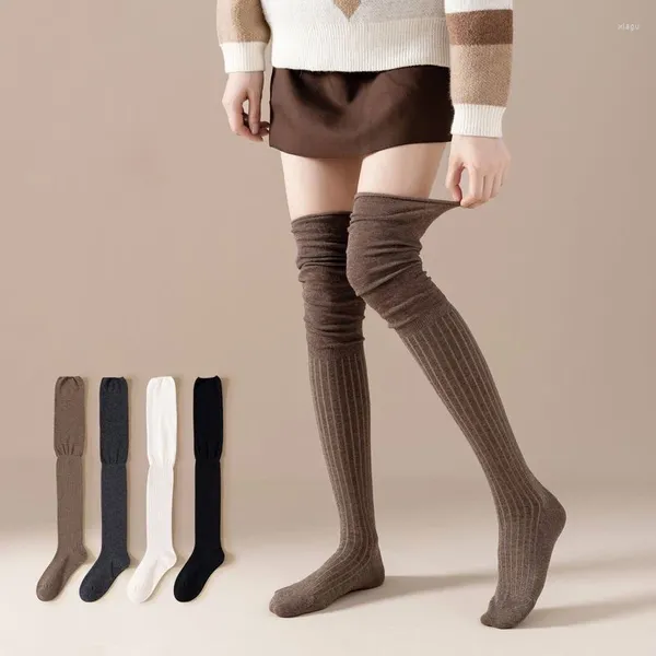 Chaussettes d'automne en laine tricotées pour femmes, bas JK longs pour filles, chauffe-jambes, couleur unie, cuisse haute au-dessus du genou