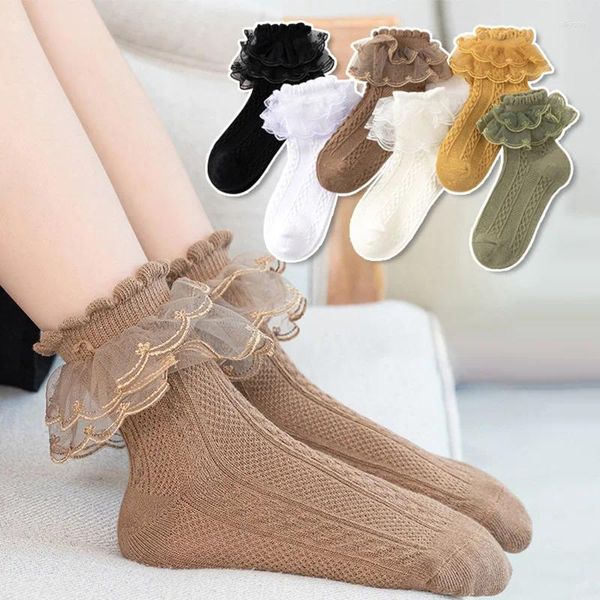 Calcetines de mujer para niñas y niños, tutú de encaje con volantes, algodón, calcetín de princesa para baile, flores, tobillo liso con volantes