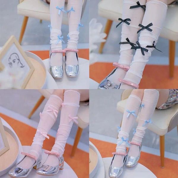 Calcetines de mujer Balletcore lazo de cinta de tubo medio Bowknot malla pantorrilla Kawaii medias finas de moda