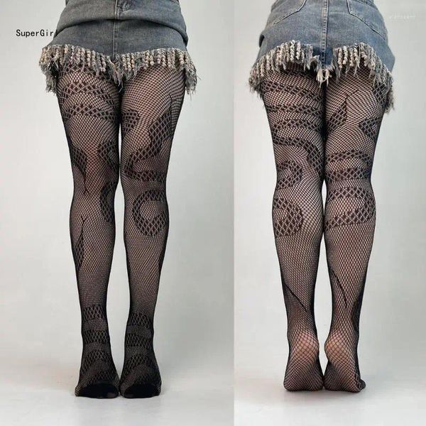 Femmes de chaussettes Black Fishnet Collons Bas à motifs serpent