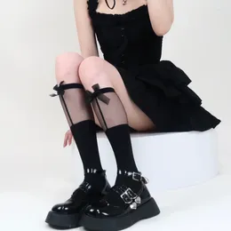 Calcetines de mujer, medias negras hasta la rodilla de estilo japonés con lazo de encaje para niñas, medias largas de nailon JK Lolita de retales transparentes Kawaii, 1 par
