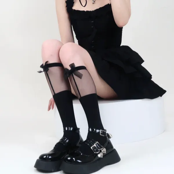 Calcetines de mujer, medias negras hasta la rodilla de estilo japonés con lazo de encaje para niñas, medias largas de nailon JK Lolita de retales transparentes Kawaii, 1 par