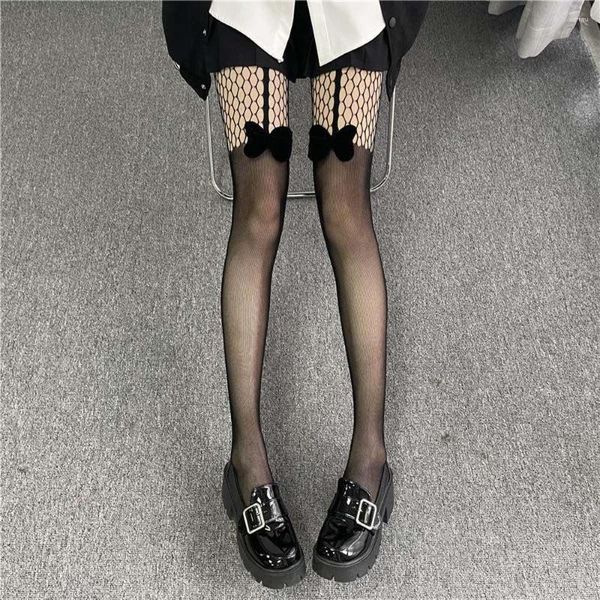 Femmes chaussettes noir Ultra mince filles cadeau nœud papillon résille bonneterie dames maille collants Lolita collants bas