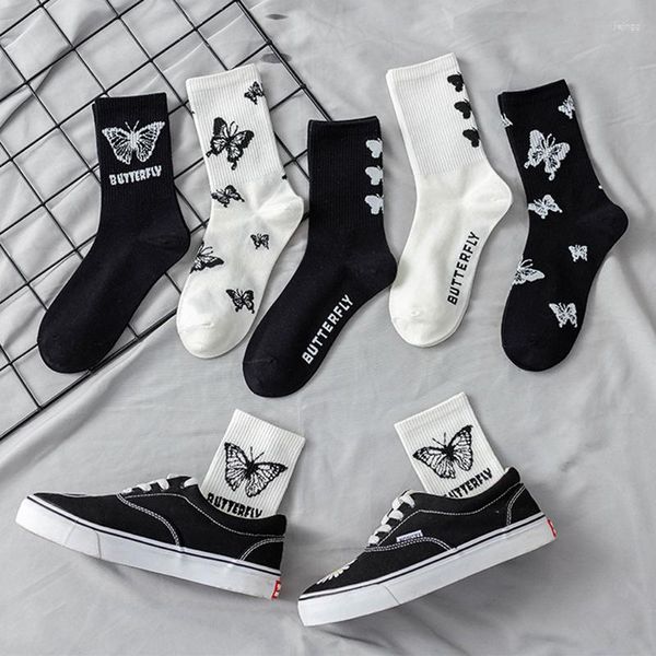 Calcetines de mujer Negro Blanco Mariposa Dibujos animados Hombres Ins Street Hip-Hop Sexy In Tube Happy Funny Novel Cotton