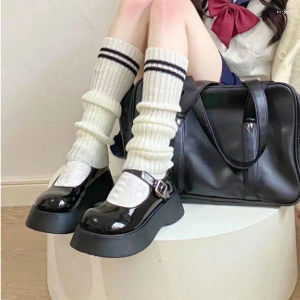 Calcetines de mujer a rayas blancas y negras Harajuku japonés medias largas JK estilo universitario Y2K cubierta invierno cálido puños para botas