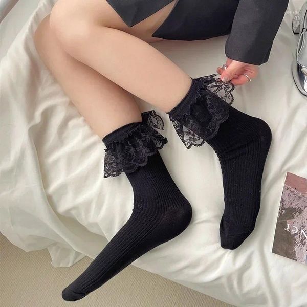 Chaussettes longues en dentelle pour femmes, noires, blanches, mignonnes, longues, à volants, couleur unie, Style japonais JK, princesse Lolita Kawaii