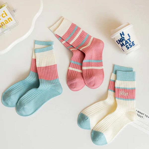 Chaussettes mi-longues assorties pour femmes, bas rayés contrastés, lettres brodées, en coton fin, bleu et rose