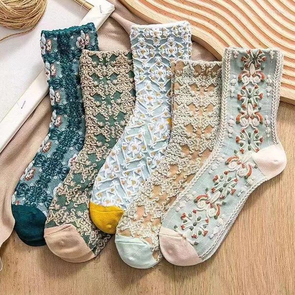 Femmes chaussettes bleu broderie fleur Harajuku rétro Vintage collège Style lycée filles japonais Kawaii mignon Long