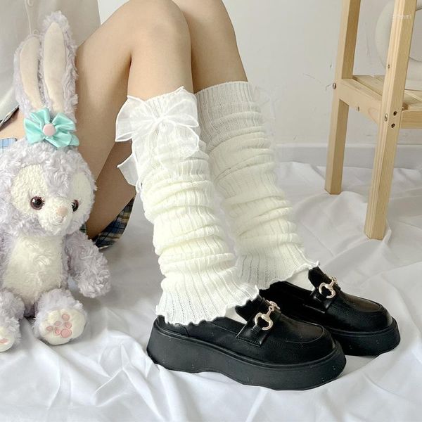 Calcetines de mujer bota pierna Lolita cubierta de lazo Leggings negro Kawaii cálido pie japonés niñas puños de punto calentadores de lazo blanco