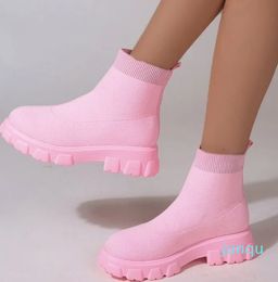 Calcetines para mujer, botas con plataforma de Color sólido, negro, rosa, morado, botines de punto para mujer, zapatillas deportivas transpirables, talla 35-43