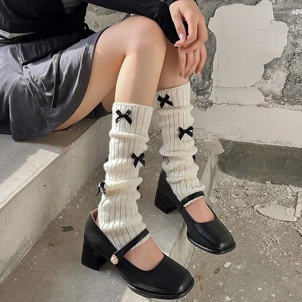Calcetines de mujer calentadores de pierna con lazo estilo japonés JK tejido de lana pila niñas protectores de Ballet medias largas