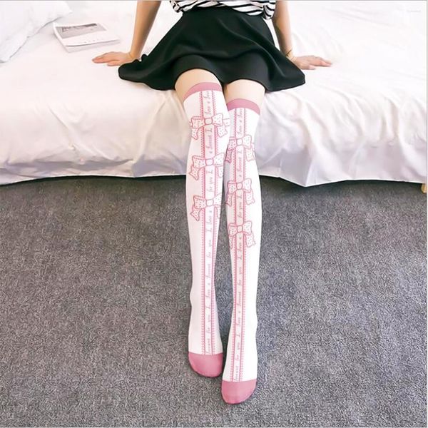 Chaussettes imprimées nœud pour femmes, bas au-dessus du genou, fille douce, rose, noir, cuisses hautes, Sexy, soie, Kawaii, Cosplay, mignons et longs