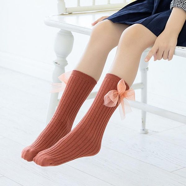 Calcetines de mujer arco tira Vertical tubo medio niños niña lindos lazos grandes algodón suave elástico Color sólido pila