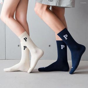 Vrouwensokken Ademen Simple Solid Color Striped Letter P High-Top Men Hosiery Cotton Sports Casual middenbuis