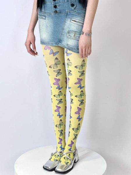 Calcetines de mujer con estampado de mariposas, pantimedias de cultura asiática, antienganches, estilo milenario, medias coloridas para niña