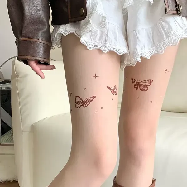 Mujeres calcetines mariposa estampado de estampado y2k chicas muslos medias altas pantimedias lencería sexy calcetería lolita