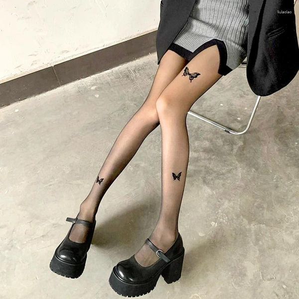 Femmes chaussettes Butterfly Tattoo Ultra-Thin Trimps Pantyhose for Girls Jk Lolita Transparent sexy cuisse hautes bas y2k