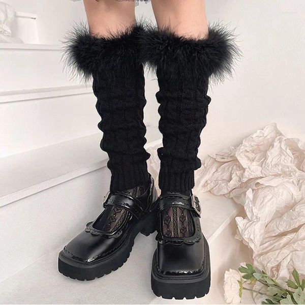 Calcetines de punto con cable para mujer, cálidos, gruesos, de Color sólido, con adornos de piel, puños para botas, informales, holgados, Lolita, Otoño e Invierno