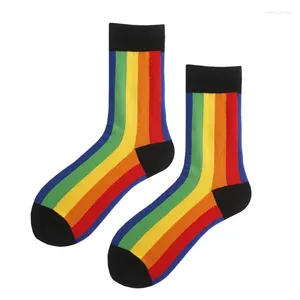 Chaussettes couleur bonbon arc-en-ciel pour femmes, bas à poils mi-tubes, à la mode, pour filles japonaises, rayures d'automne et d'hiver, Skateboard, taille 35-42