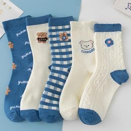 Femmes chaussettes Cartoon mignon ours bleu plaid pour filles étudiante de mode coton printemps été kawaii cadeaux coréens japonais