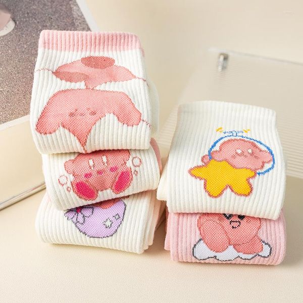 Chaussettes en coton pour femmes, chaussettes de dessin animé, rose, pour la mode, imprimé japonais, tendance, mouvement Kawaii, Sox, bas d'automne et d'hiver