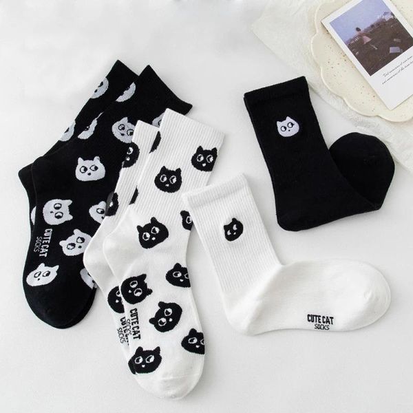 Calcetines de mujer gato negro blanco pareja calle bordado gatito medio tubo lindo algodón dibujos animados hombres divertido corto Casual creativo