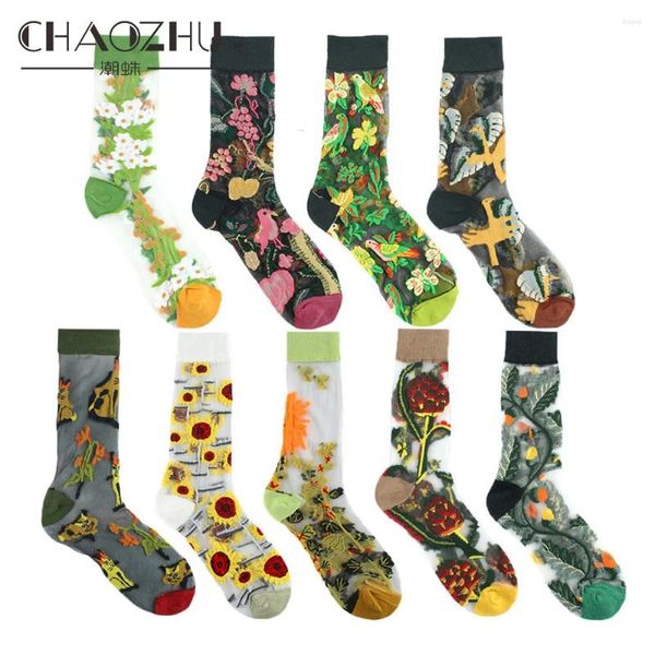 CHAOZHU – chaussettes transparentes pour femmes, 1 paire, motifs floraux, printemps et été, Art mignon, tuyau en soie douce, pure dame, pêche