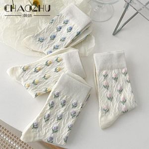 CHAOZHU – chaussettes pour femmes, 4 paires/lot, dessin animé frais, tulipe Kawaii, blanc, ensemble printemps et été, coton peigné, tricot