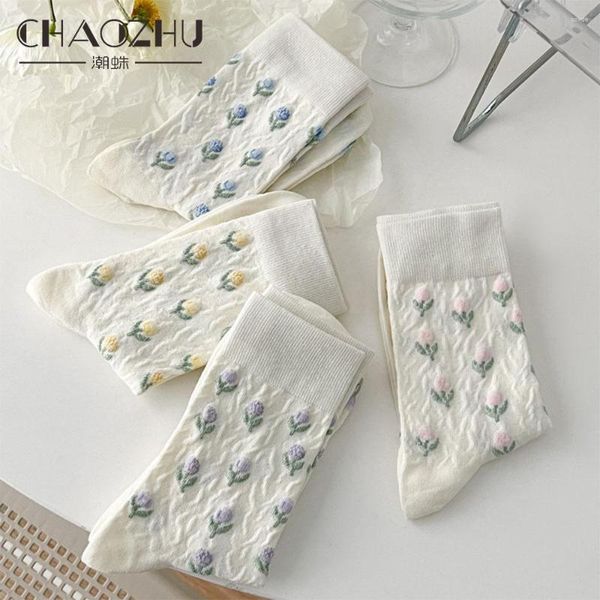 CHAOZHU – chaussettes pour femmes, 4 paires/lot, dessin animé frais, tulipe Kawaii, blanc, ensemble printemps et été, coton peigné, tricot