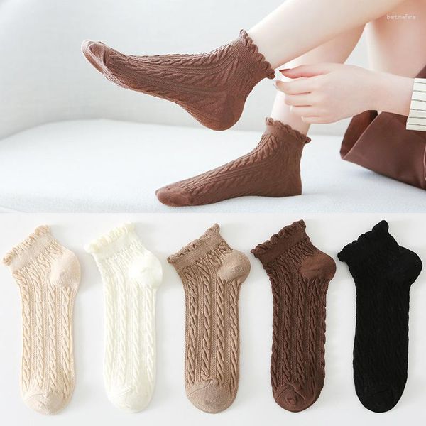 Calcetines de mujer CHAOZHU 5 pares Primavera Verano Twist Beige caqui moda tobillo regalo conjunto algodón tejido encaje Top estilo lindo Sox