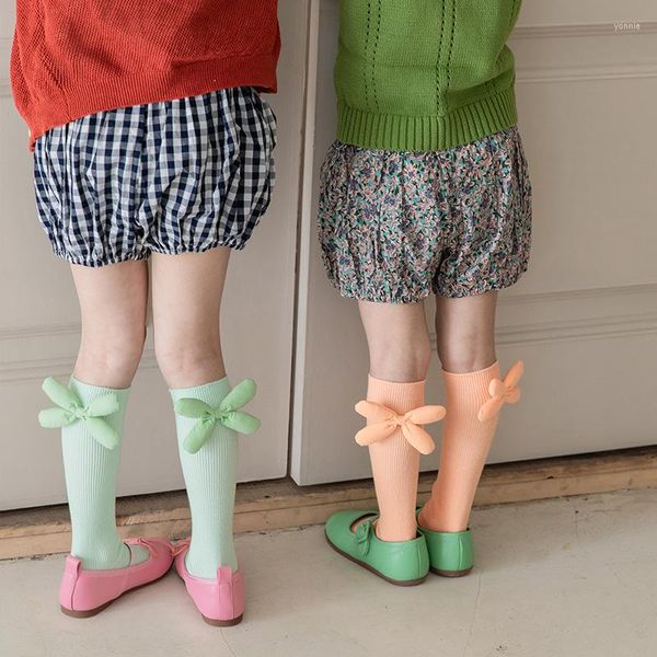 Calcetines de mujer Venta al por mayor de niños Primavera Color caramelo Lazo Princesa Algodón Niñas Tacón de tubo medio Menos