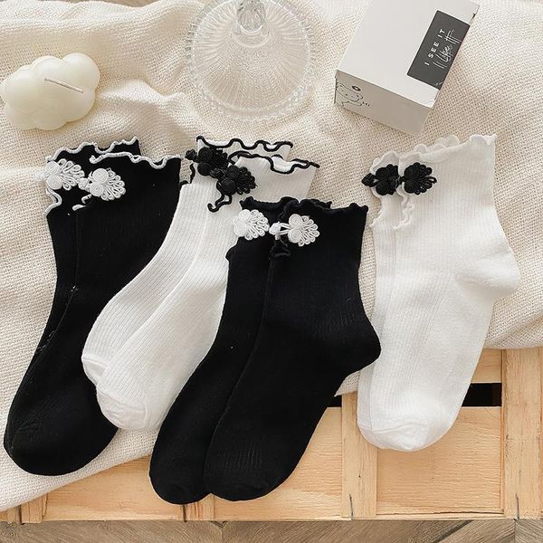 Chaussettes Style chinois pour femmes, couleur unie, noir, blanc, à volants, JK, mode japonaise, Lolita, nœud en dentelle, chaussettes mignonnes Kawaii