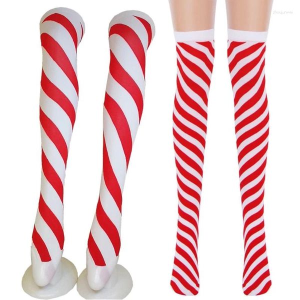 Chaussettes de Noël pour femmes, canne en bonbon, cuisses hautes, rayures rouges et blanches, bas au-dessus du genou