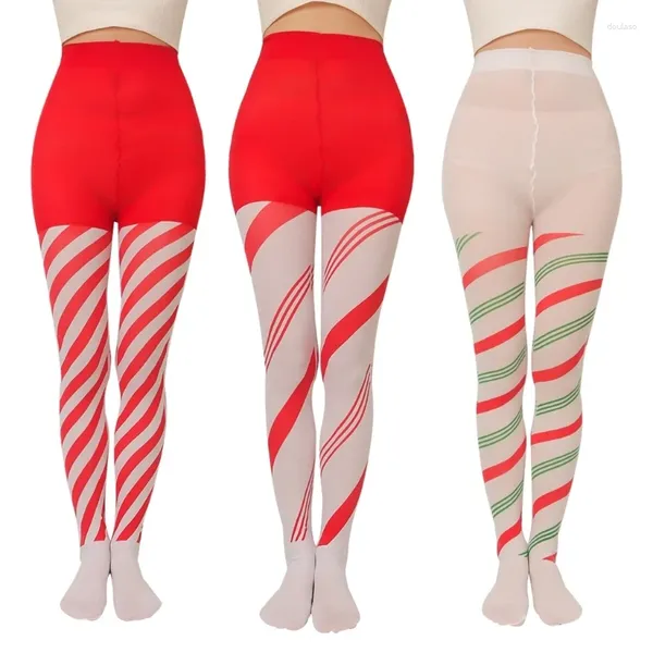 Calcetines de mujer Medias de rayas diagonales de Navidad Raya de bastón de caramelo Pantimedias de cuerpo entero Medias altas hasta el muslo Accesorio de disfraz de cosplay