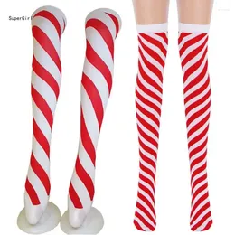 Dames sokken kerstpepermunt snoep riet dij dij hoge rode witte gestreepte print boven knie lange kousen Hallowee Cosplay J78E