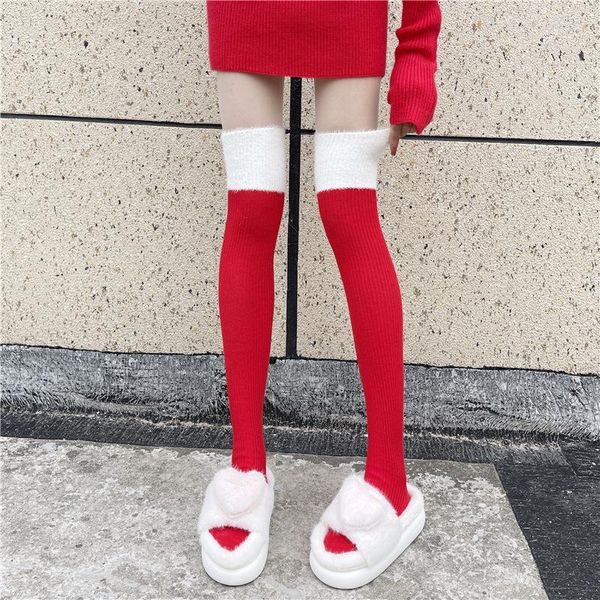 Mujeres calcetines de Navidad rojo sobre la rodilla para el invierno otoño invierno espesas calles de peluche medias puras lindo muslo