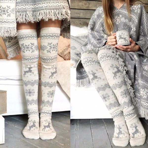 Femmes chaussettes de Noël renne longtemps au-dessus du genou coton haut hiver tricot à tricot laine en tricot