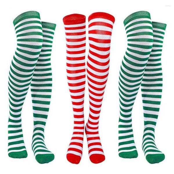 Chaussettes de noël pour femmes, 3 paires, rayées vertes et blanches, à haute élasticité, pour les vacances, les spectacles sur scène, les fêtes