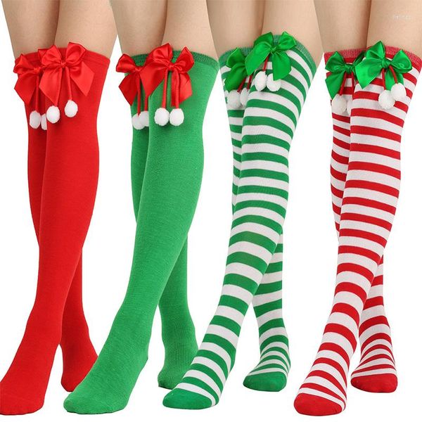 Calcetines de mujer Medias navideñas a rayas por encima de la rodilla Medias largas rojas y verdes Bowknot Girls High