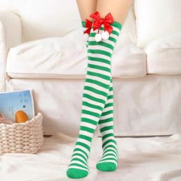 Chaussettes de femmes Christmas rayé cuisse à thème haut pour femmes sur le genou imprimé coloride solide bowknot