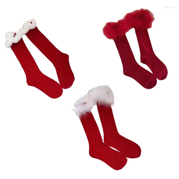 Chaussettes de Noël Femmes de Noël Coton Red Knee High avec fausse fourrure plume Trim Holiday Festival Party Party Stockings