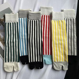 Femmes chaussettes coloré peigné coton orteil rayé rétro mode femmes Tabi Style japonais moyen Tube sport fendu