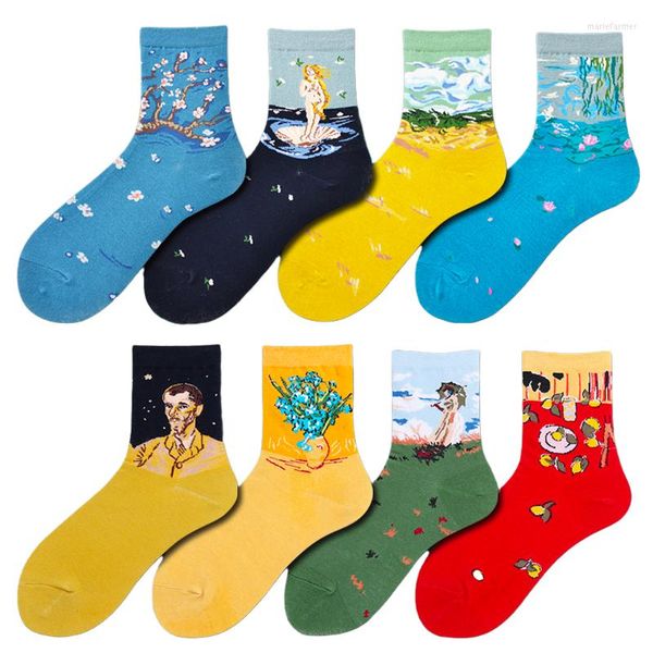 Femmes Chaussettes Coloré Harajuku Rétro Dame Coton Art Peinture Monalisa Coréen Nouveauté Designer Planche À Roulettes Cool Mignon Cadeau Blanc