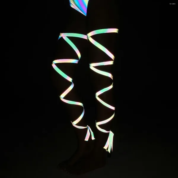 Calcetines de mujer coloridos arcoíris reflectantes sexis Rave correas para las piernas Night Club Dance Wraps vendaje cruzado Lencería refleja la luz en la oscuridad